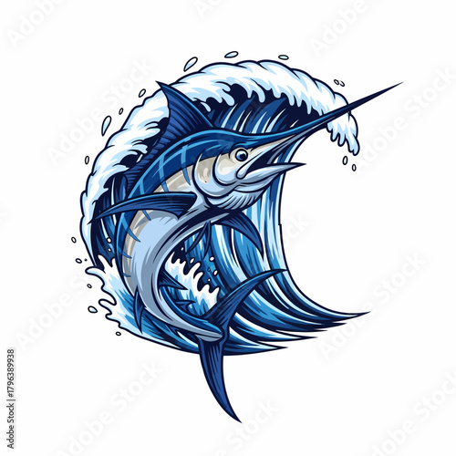 Vector illustration marlin fish jumping wave detailed ocean wildlife graphic