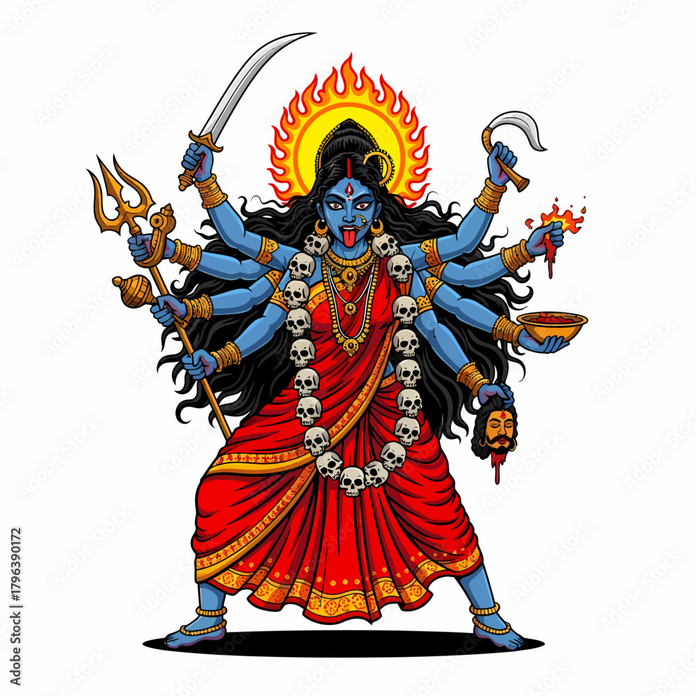 Fototapeta premium Vibrant depiction Hindu goddess Kali with weapons and severed head