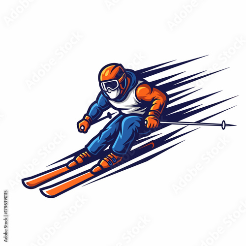 Vector illustration: Skier in downhill action winter sport athlete speeding