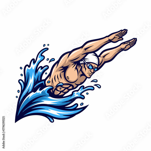 Vector illustration swimmer in action with dynamic water splashes