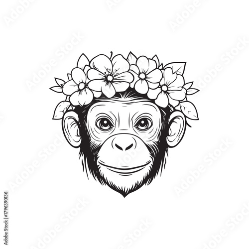 Cute Chimpanzee with Flower Crown – Black and White Line Art Illustration