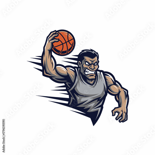 Cartoon basketball player illustration throwing ball with determined facial expression