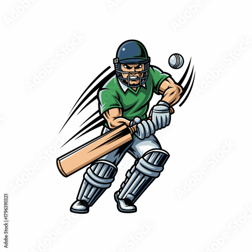 Cartoon cricket player prepares to strike speeding ball with bat