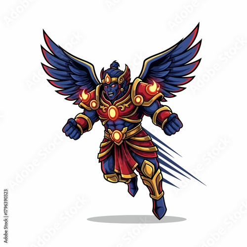 Cartoon drawing of winged warrior armored fantasy character flying