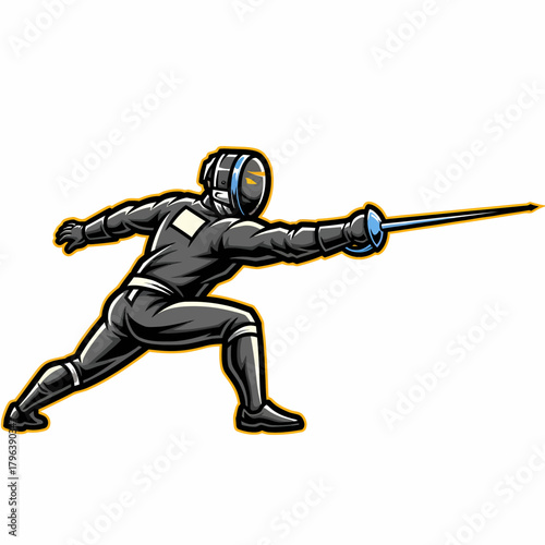 Cartoon fencer attacking with foil sport competition athletic posture combat