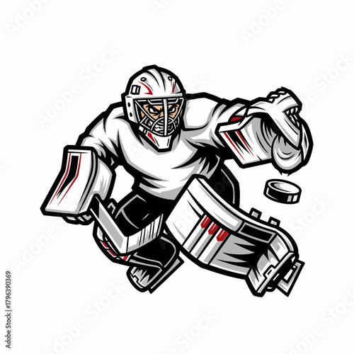 Cartoon hockey goalkeeper in action, stopping the puck on ice
