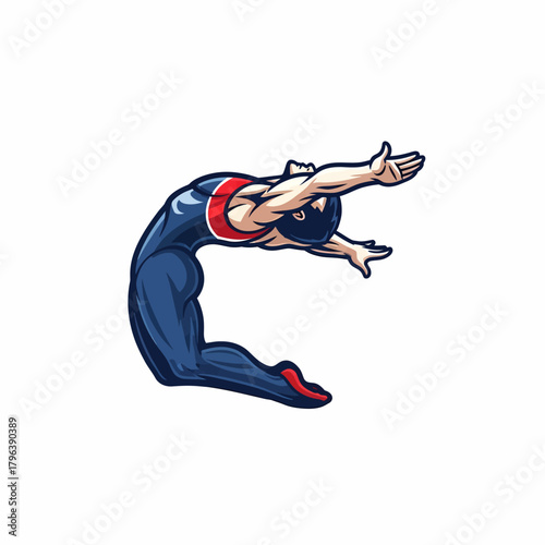 Cartoon gymnast athlete performing a backbend pose with outstretched arms