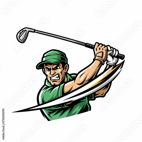 Cartoon golfer swinging club action sports illustration strength movement dynamic