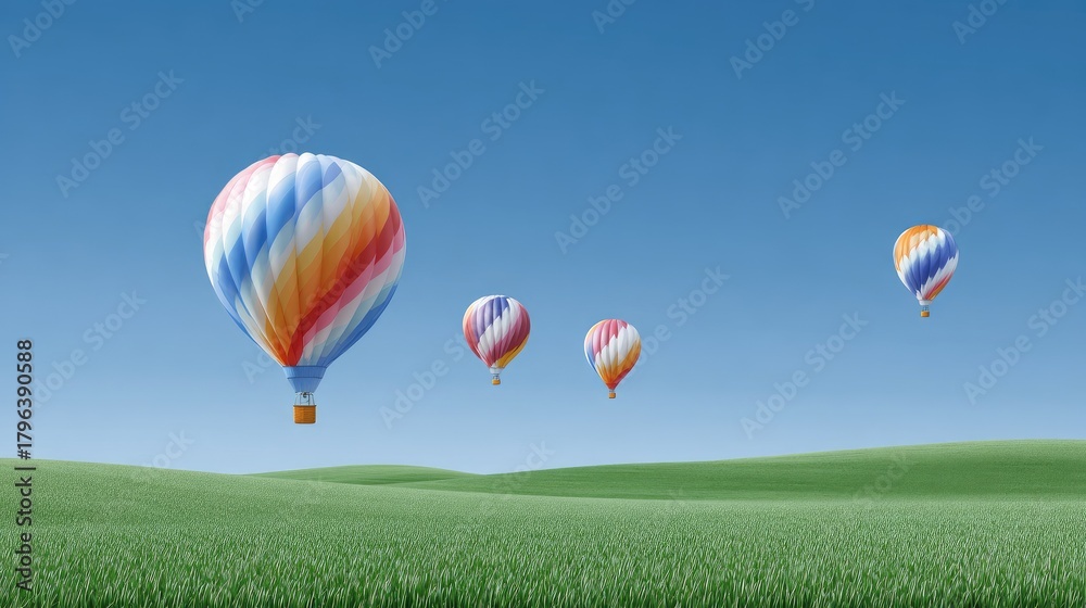 Naklejka premium Colorful hot air balloons floating above lush green landscape under clear blue sky during bright sunny day with gentle breeze in the atmosphere