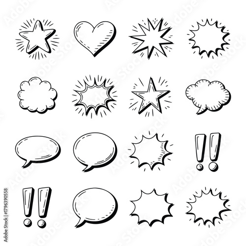 A captivating collection of handdrawn speech bubbles, stars, hearts, and exclamation marks, , perfect for adding a playful touch to your designs with a whimsical flair