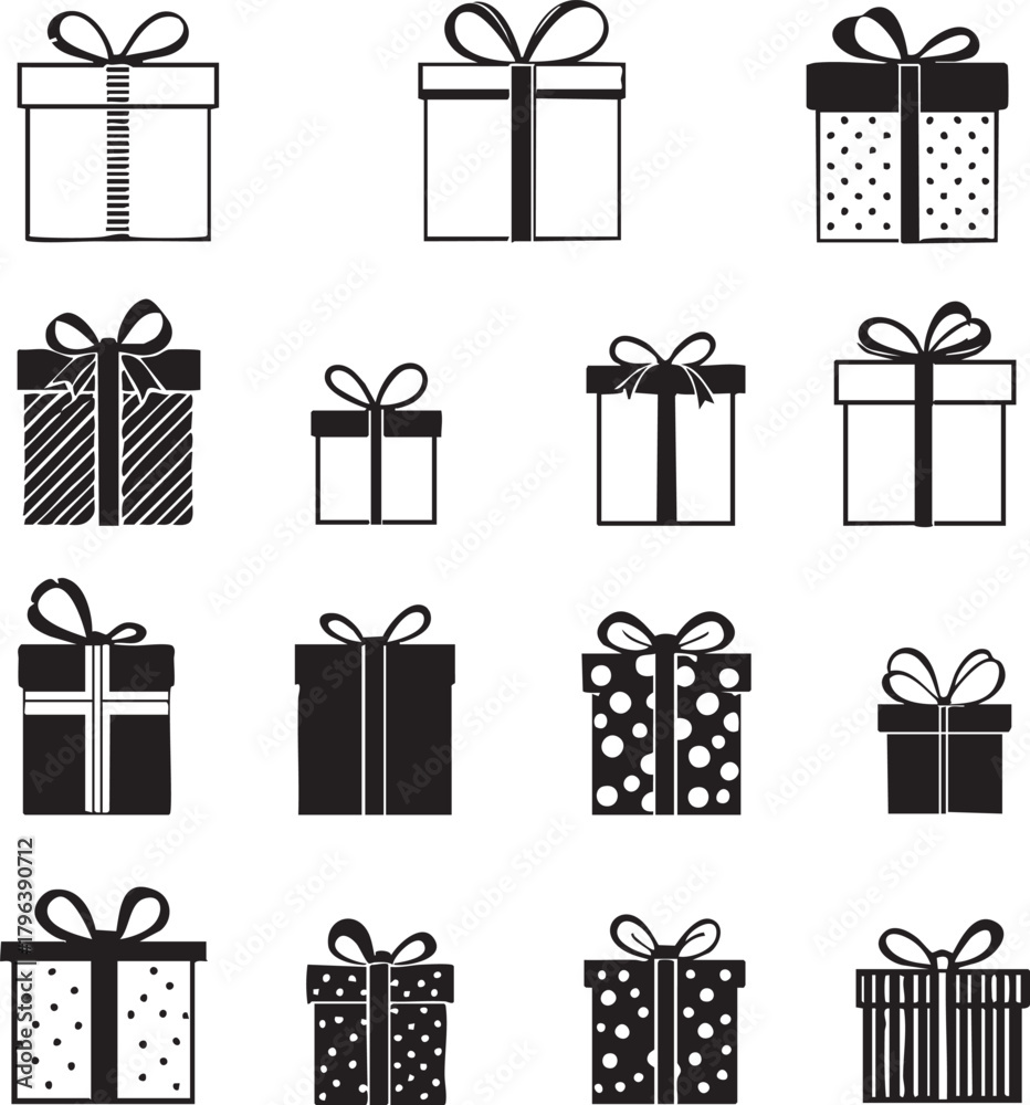 Naklejka premium Gift Box Icon Set Vector – Festive Collection of 15 Decorative Present Designs with Bows, Patterns, and Ribbons for Holiday Graphics, Celebration Cards, and Seasonal Projects