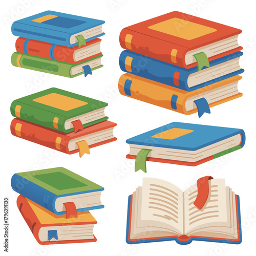 A colorful stack of books with bookmarks, showcasing various sizes and colors, perfect for educational or decorative purposes in libraries and classrooms