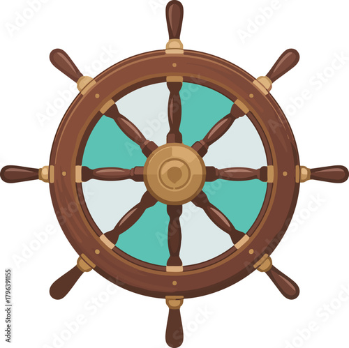 Classic wooden ships wheel vector graphic with eight spokes and a bronze hub isolated on a transparent background