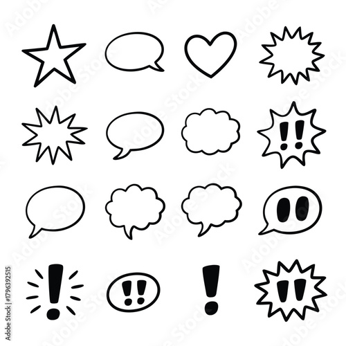 A set of handdrawn speech bubbles and symbols, offering a versatile collection for expressing ideas and emotions in a creative and engaging manner