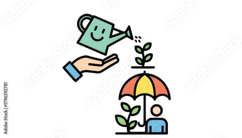 Hand watering plant under umbrella with person