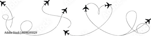 Airplane flight path vector, black silhouette illustration, whimsical motion, travel concept, dotted lines, creative direction, minimal design