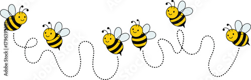 Cartoon bees flying in playful pattern, whimsical insect illustration, cute bee vector, dashed flight path, cheerful buzzing characters, educational design
