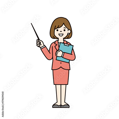 ポインターを持って解説する、スーツを着た若い女性の全身ベクターイラスト素材＿カラー