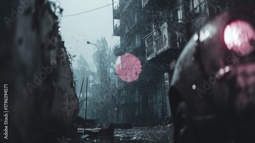 Dramatic rainstorm action in urban landscape city streets atmospheric photography gloomy weather low angle view urban resilience