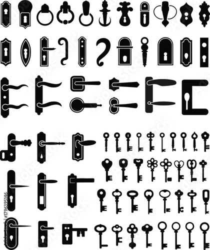 Collection of vintage and modern keys, locks, keyholes, and door handles in detailed vector silhouettes for antique, security, and hardware design illustrations.