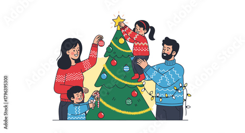 Family decorates a Christmas tree together, creating a festive and joyful holiday atmosphere.