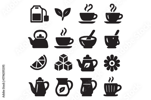 Black silhouettes depicting various tea and beverage related elements