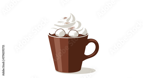 Illustration of a brown mug filled with hot chocolate, marshmallows, and whipped cream.