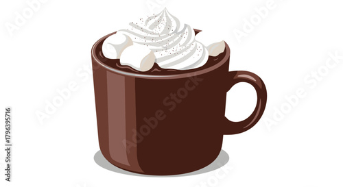A brown ceramic mug filled with hot chocolate, topped with whipped cream and marshmallows on a white background.