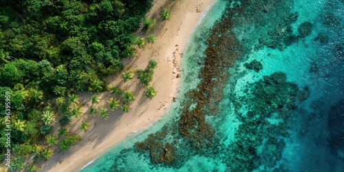 Aerial View Tropical Beach, Palm Trees, Turquoise Water