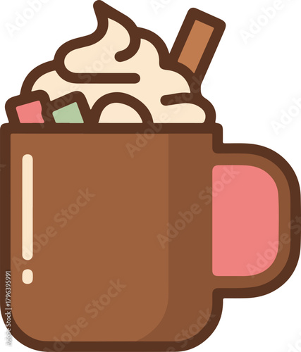 Cozy hot chocolate vector icon topped with fluffy whipped cream colorful marshmallows and a cinnamon stick