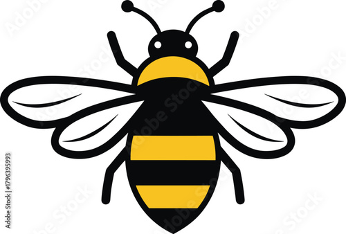 Stylized bee vector illustration, cartoon insect icon, black and yellow striped body, symmetrical wings design, nature pollination symbol, cute graphic