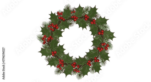 Festive Christmas wreath with holly leaves and red berries.