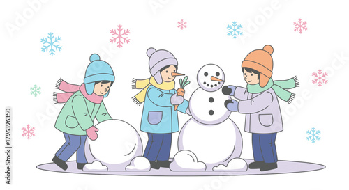 Three children building a snowman together during a snowy winter day, having fun.