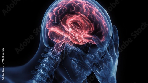 Anatomical Render Human Brain with Headache, X-Ray Style