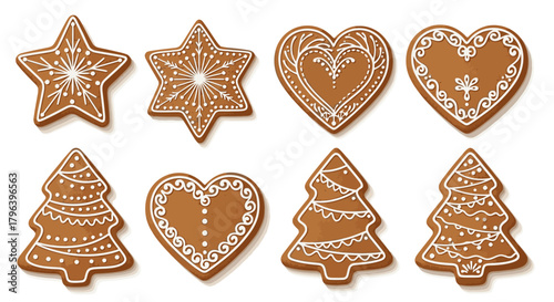 Collection of intricately decorated gingerbread cookies in various festive shapes.