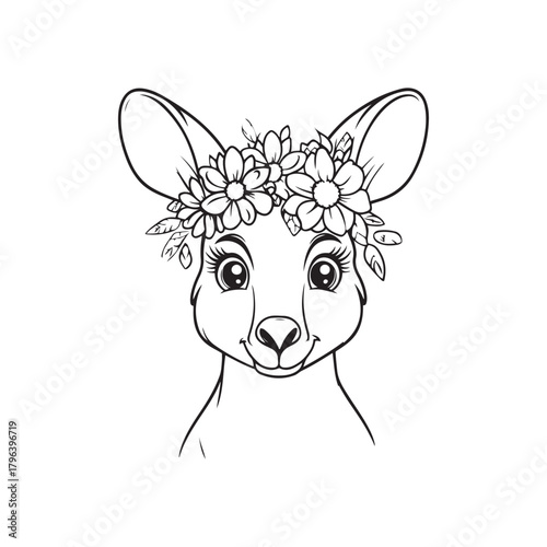 Cute Kangaroo with Floral Crown – Adorable Line Art Wildlife Illustration
