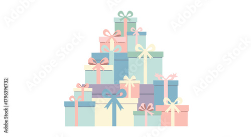 Stack of pastel colored gift boxes with ribbons and bows.