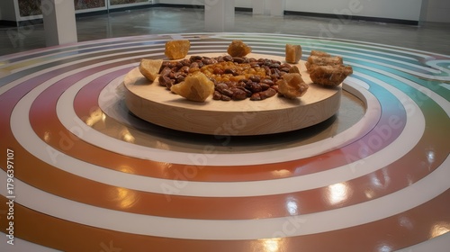 Art Installation Cacao Beans, Amber, Wooden Platform, Rainbow Floor Design