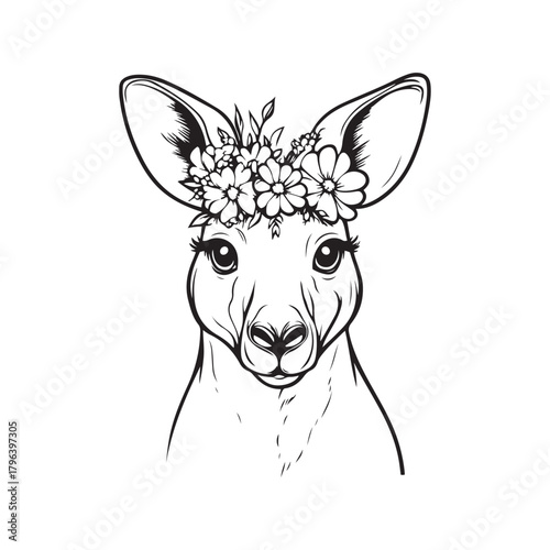 Cute Kangaroo with Floral Crown – Hand-Drawn Wildlife Line Art Illustration