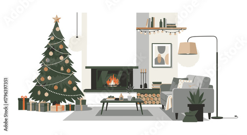 Cozy living room decorated for Christmas with a decorated tree, fireplace, and gifts.