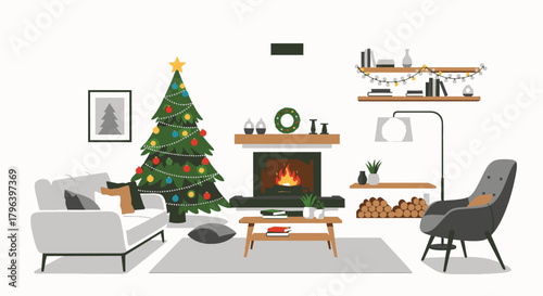 Cozy modern living room decorated for Christmas with a festive tree, burning fireplace, comfortable sofa, and armchair.
