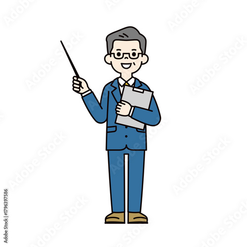 ポインターを持って解説する、スーツを着た50代・60代男性の全身ベクターイラスト素材＿カラー