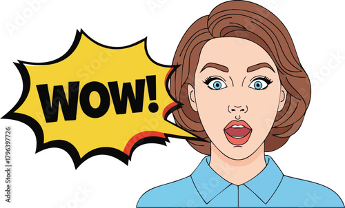 Surprised Woman with Open Mouth and Wow Speech Bubble.
