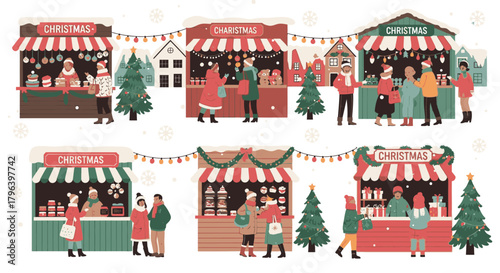 Festive Christmas market scene with decorated stalls and people browsing for gifts.