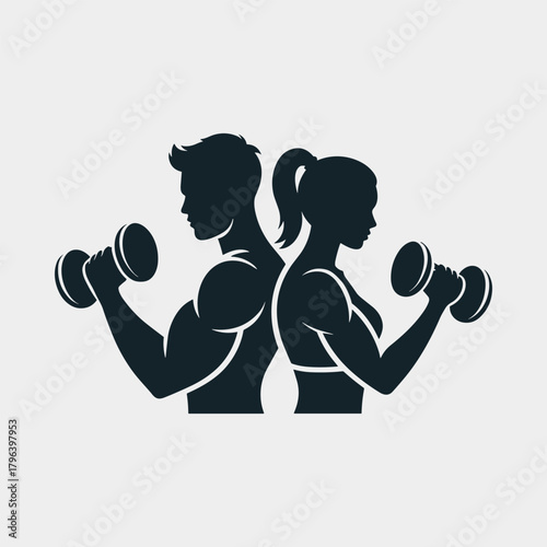 Fitness Couple Silhouette Lifting Dumbbells Logo