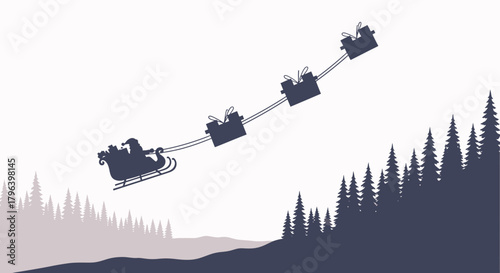 Santa Claus flying in his sleigh pulled by reindeer over a snowy forest landscape.