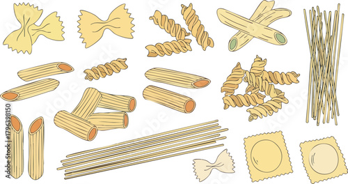 Various types of pasta including farfalle fusilli penne and spaghetti.