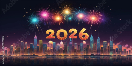 Bright fireworks burst over modern city buildings creating a lively 2026 celebration scene.