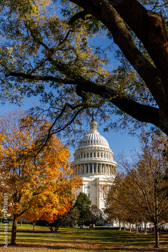 A sunny autumn day in Washington, DC. The White House stands amid autumn trees. The US government  shut down. Memorial Day in capital of USA.