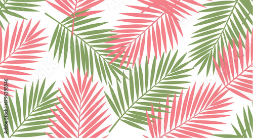 Vibrant tropical palm leaf pattern in pink and green hues.